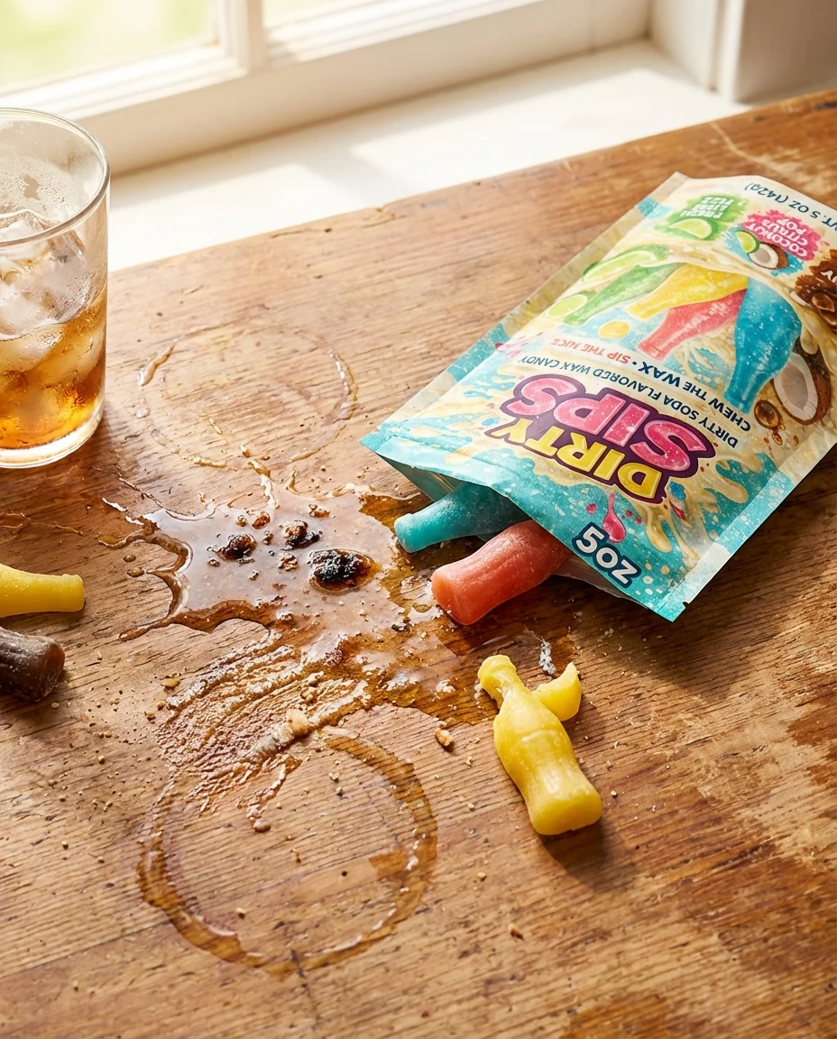 Dirty Sips spilled on table